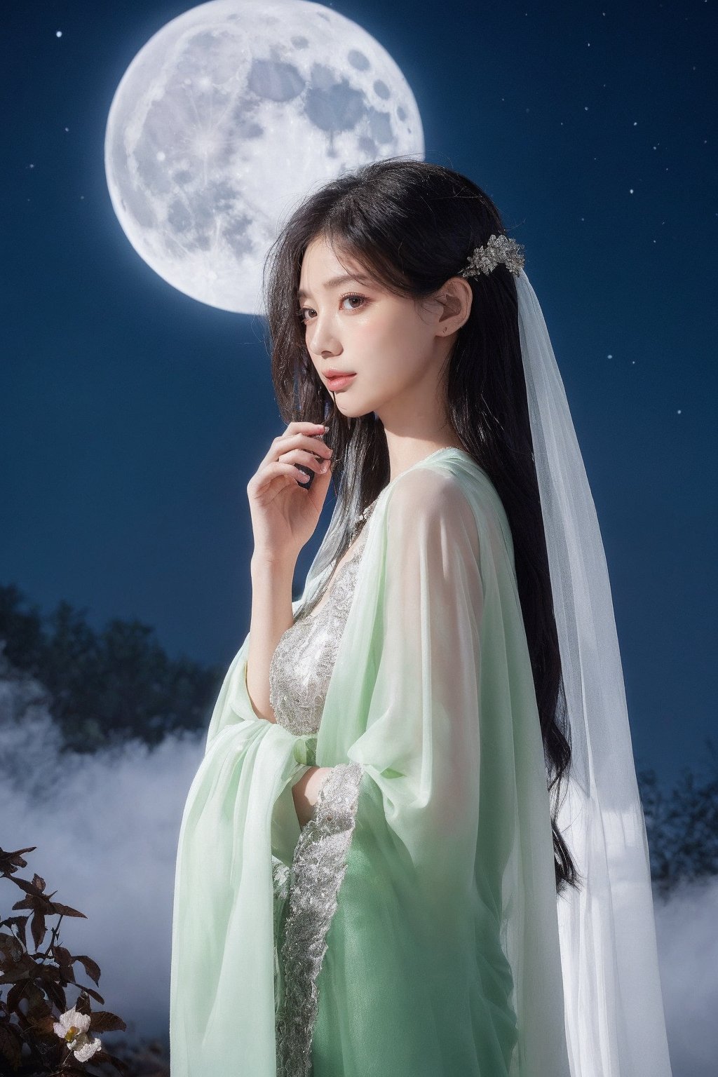 On a mysterious moonlit night, Chang'e wore a light green flowing traditional robe with a translucent veil. She lowered her head slightly, her expression was gentle, and her long hair was flying in the wind. Her hair was studded with delicate silver flowers, adding to her fairy-like air. In the background, the soft glow of a large, bright full moon illuminated her silhouette. Delicate mist and clouds swirl around her like ribbons, adding to the dreamy and mysterious atmosphere. The whole scene exudes a quiet and peaceful atmosphere, as if she appeared from the moon, exuding a beautiful and mysterious atmosphere. She is floating in the air.Her elegant robes billow softly in the air, creating a sense of fluidity and movement.