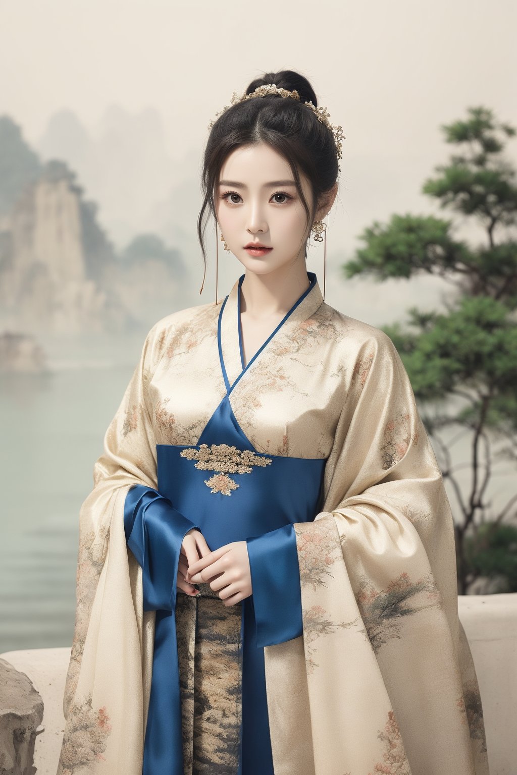  The heroine of the Chinese costume drama "Mo Yu Yun Jian" holds a landscape painting, unfolds the scroll, and watches