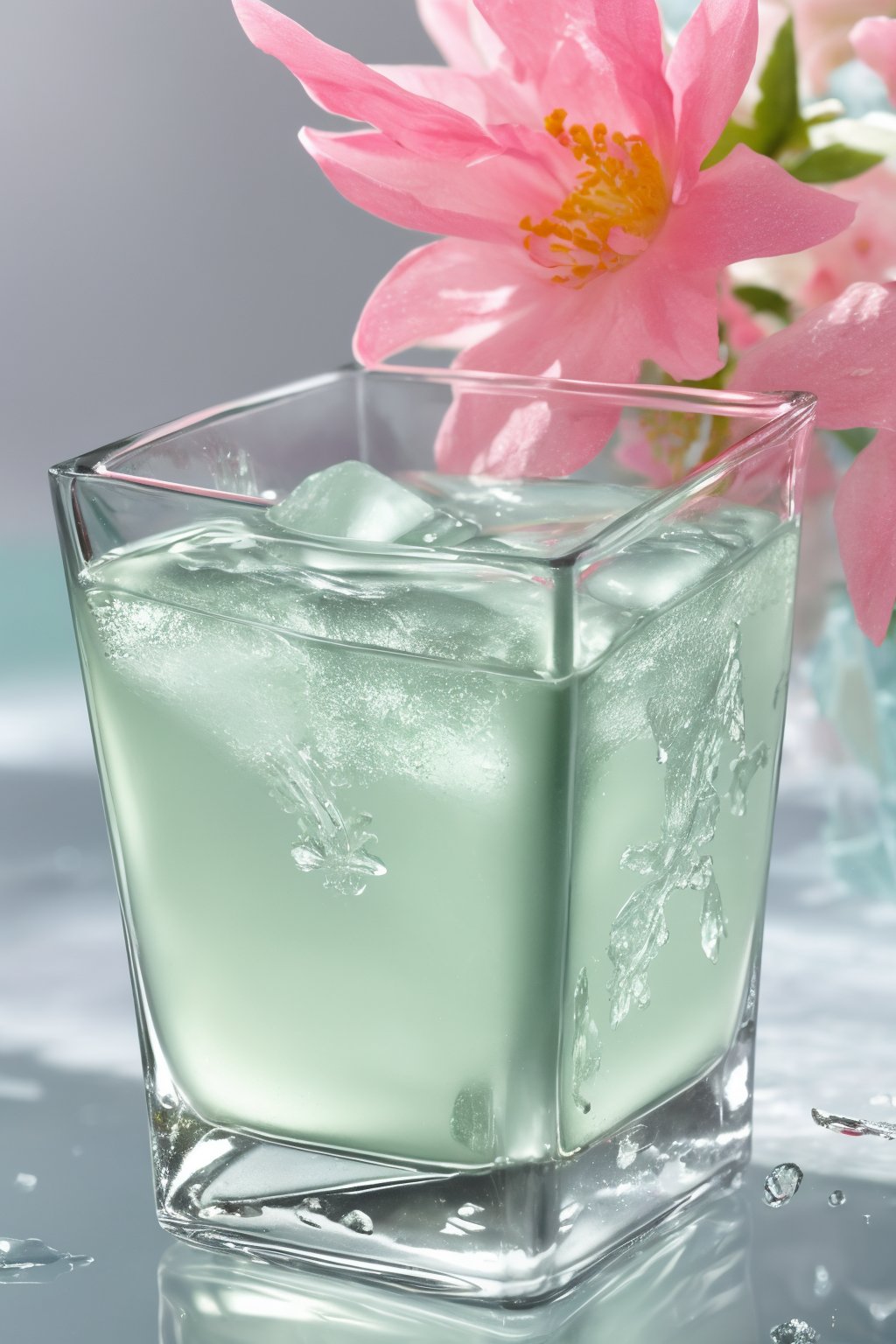 a young girl in vibrant attire stands amidst a backdrop of shimmering glass, where transparent ice cubes adorned with jasmine flowers slowly melt into a clear green tea. Water splashes radiate outward as the cubes dissolve, surrounded by a refreshing cool atmosphere. The close-up shot focuses on the icy cubes, their intricate details and delicate petals glistening in the soft light.
3 point perspective composition,
(Emma Watson:0.8),