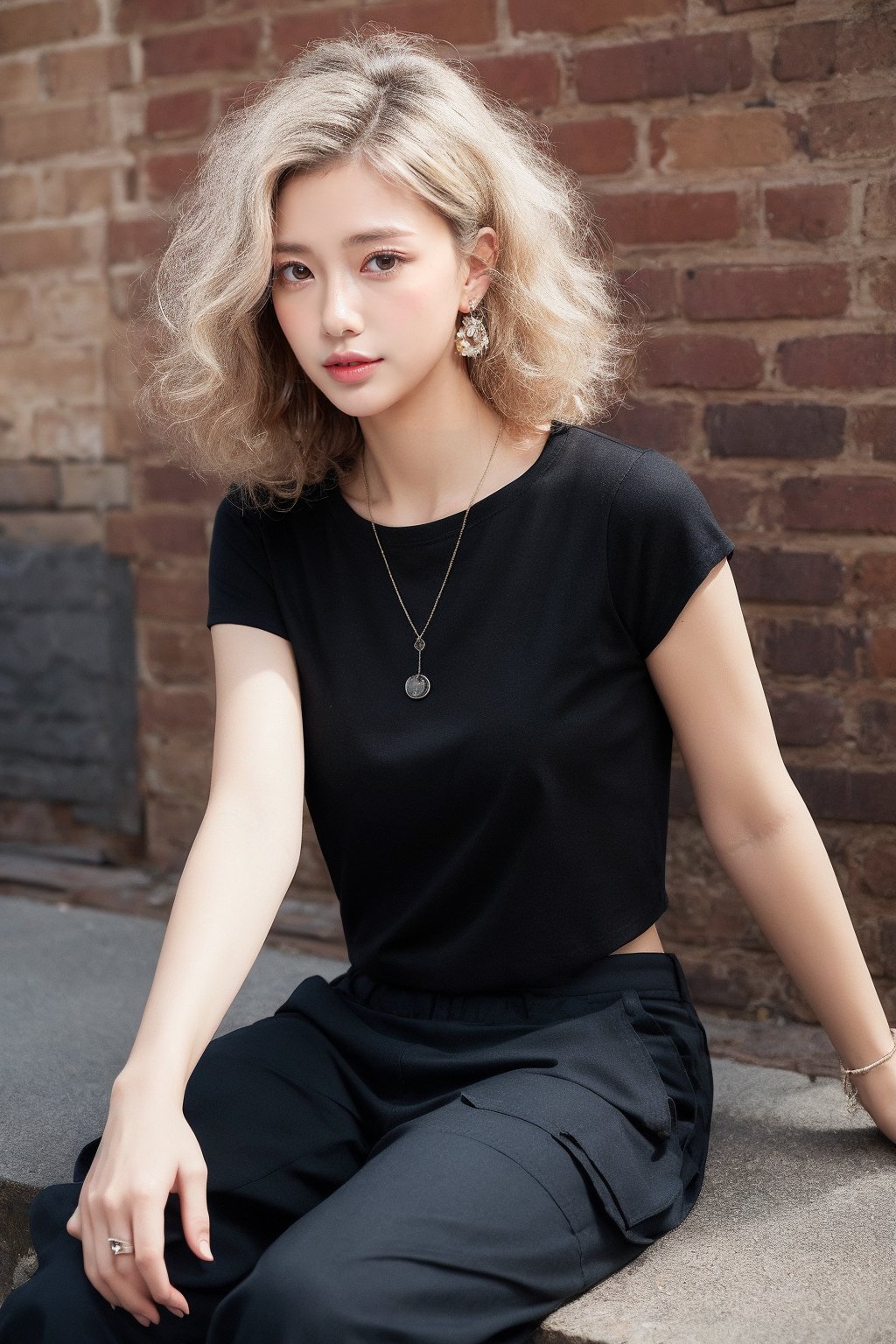 French girl,grey blonde hair(very long hair, curly_hair),hiphop dancer,wearing all black clothes (short sleeves loose fit top and cargo pants),sneakers, sitting at red brick wall(graffiti ),accessories(necklace,ear_rings),Best Quality, 32k, photorealistic, ultra-detailed, finely detailed, high resolution, perfect dynamic composition, beautiful detailed eyes, sharp-focus, cowboy_shot, 