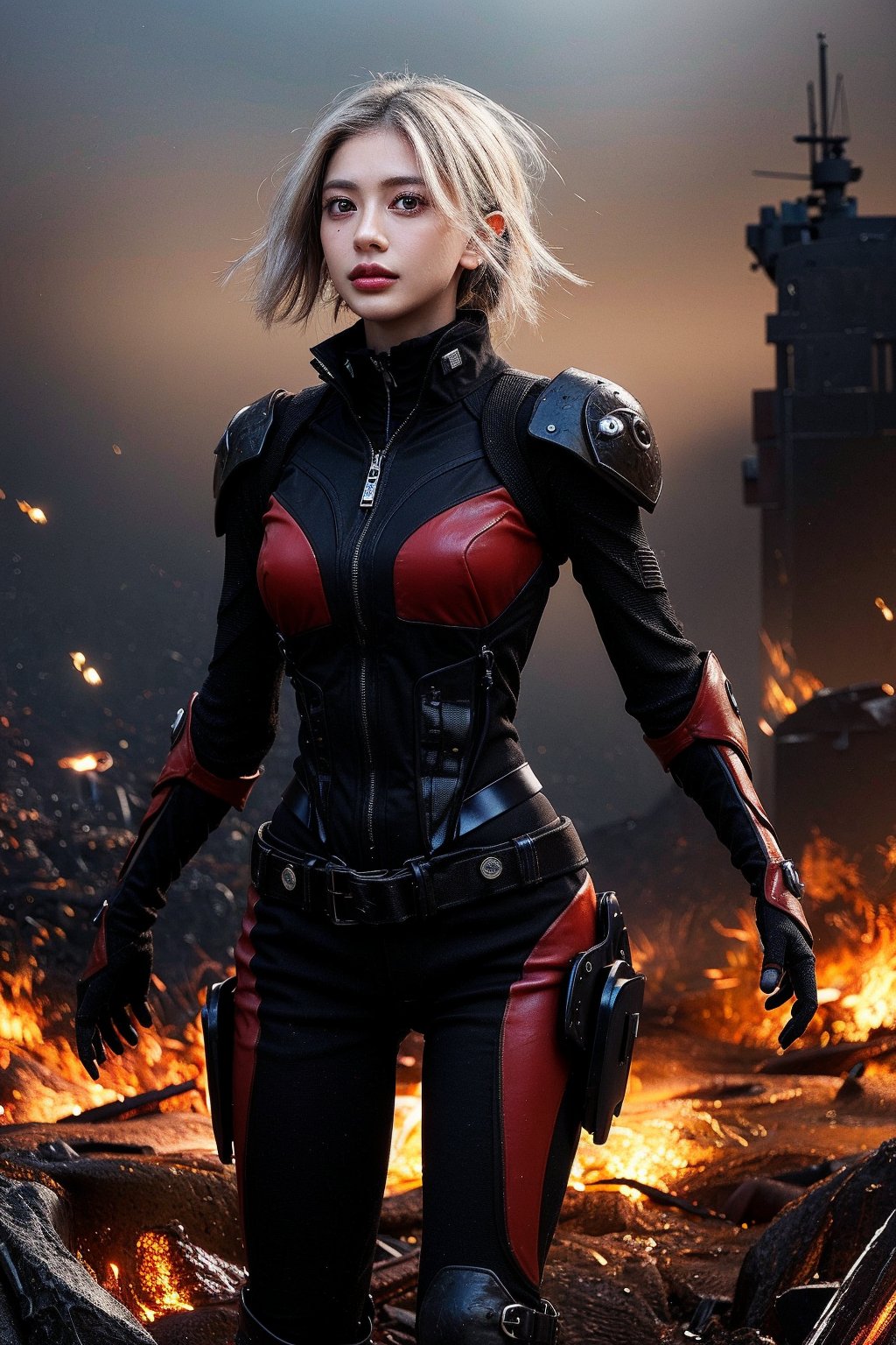 Captured in mid-stride, a lone figure emerges from the smoldering ruins: a slender young female cyborg with piercing blue eyes and striking white hair, clad in a futuristic black and red battle suit. The desolate alien battlefield stretches behind her, littered with twisted metal and shattered debris. Her gaze is fixed ahead, eyes blazing with determination as she surveys the devastation.,ghostrider