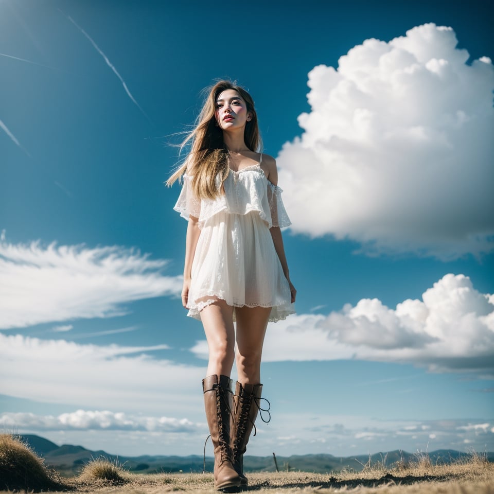 1girl, solo, long hair, blonde hair, boots, sky, day, cloud, scenery