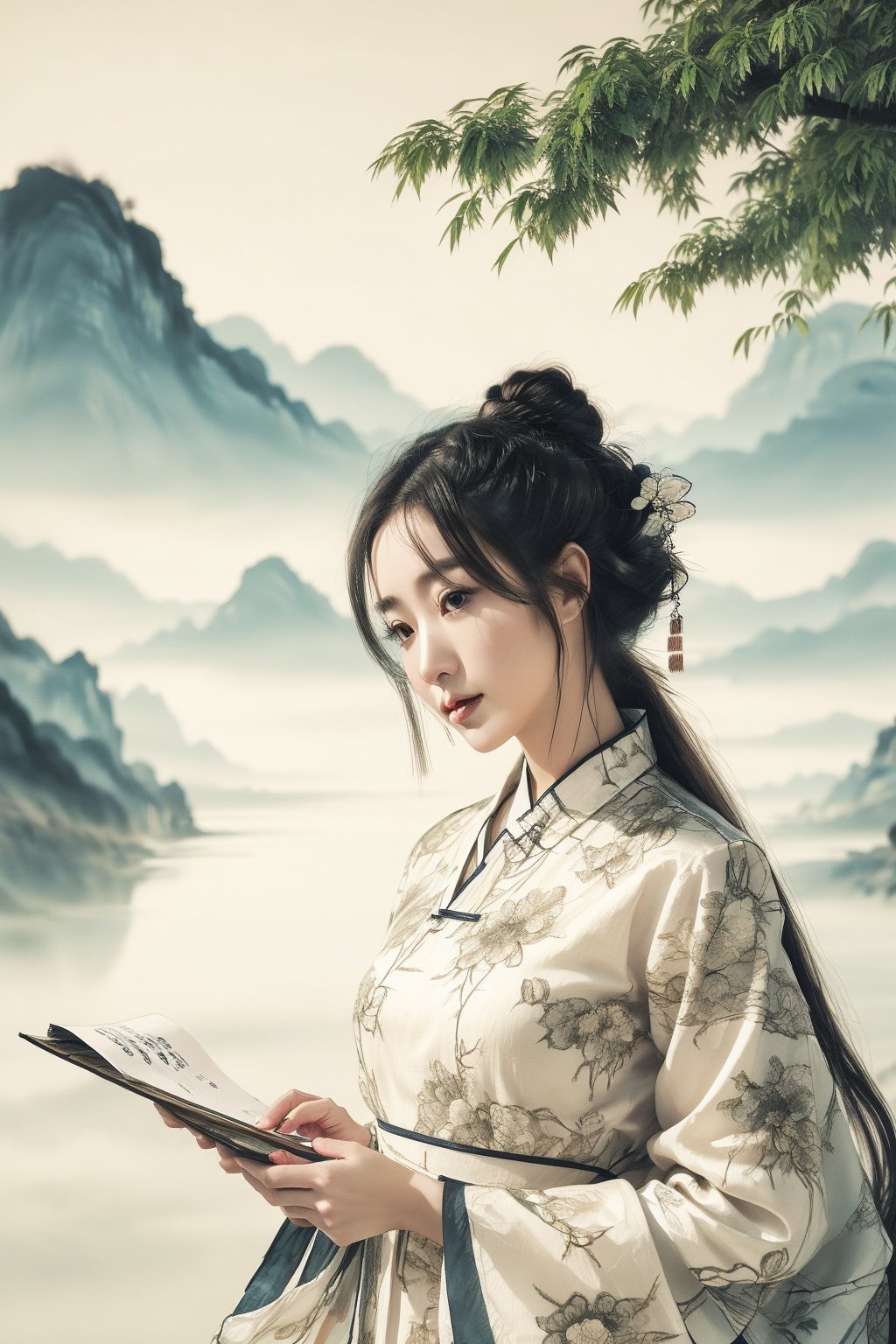 Beautiful woman is holding an unfolded scroll of Chinese landscape painting