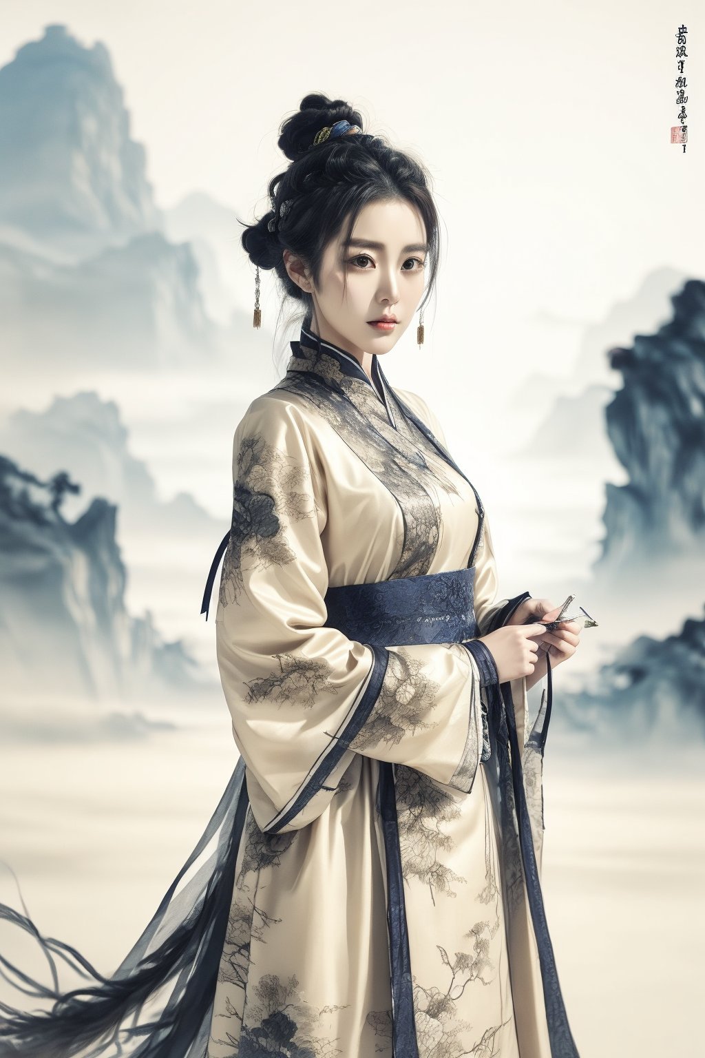  The heroine of the Chinese costume drama "Mo Yu Yun Jian" holds a landscape painting, unfolds the scroll, and watches