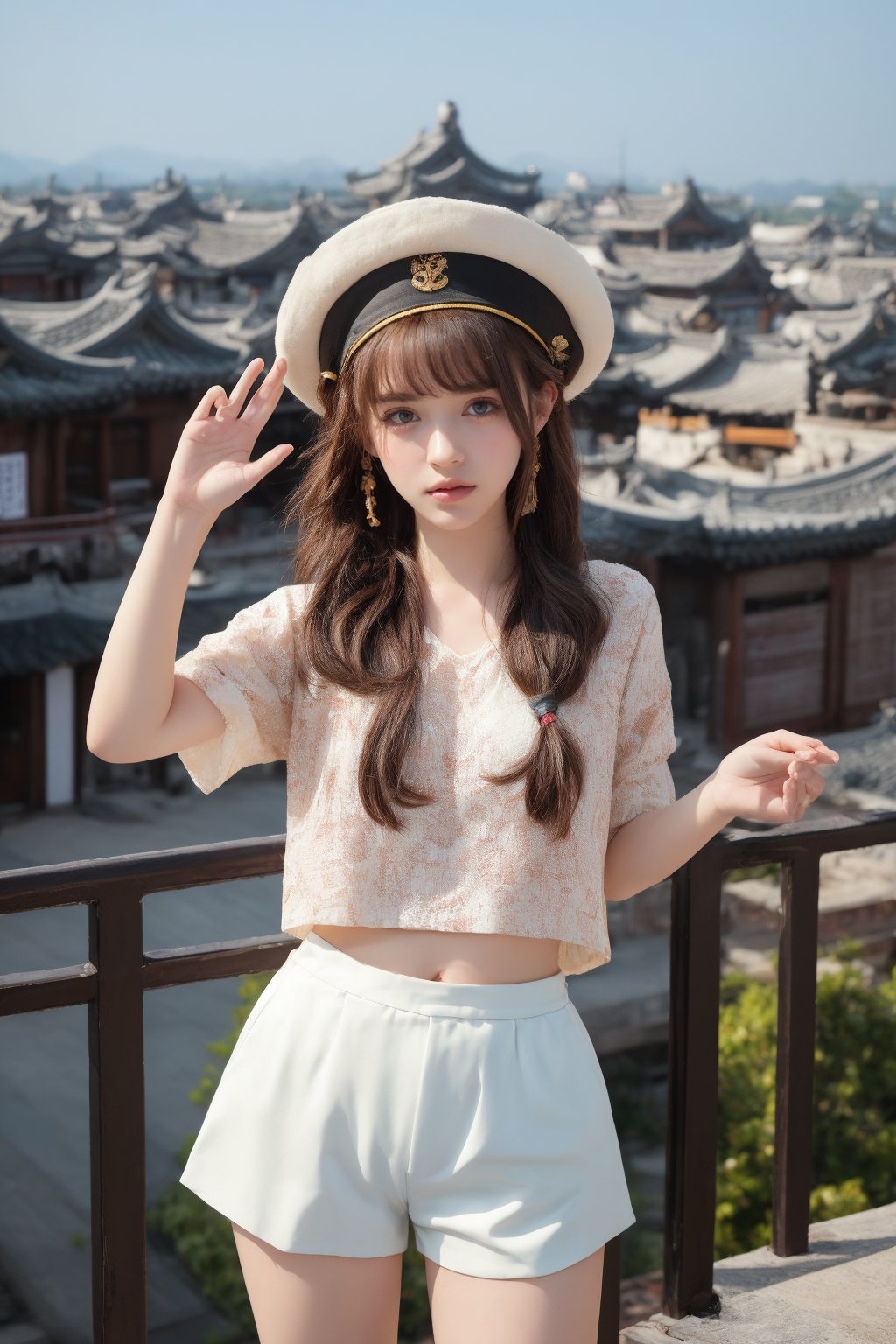 hutaornd, masterpiece, best quality, 1girl, hu tao (genshin impact), boo tao,hat, red eyes, twintails, brown hair, solo, symbol-shaped pupils, long hair,bangs, black shorts , chinese clothes, flat_chest, Standing in a picturesque Chinese village. With a mischievous expression on his face, Hu Tao raises one hand in a gesture of greeting, while with the other hand he makes a playful gesture, as if he is up to something. His mischievous smile and mischievous look reflect his playful and energetic personality. The atmosphere of the Chinese village is reflected in the details of the pagoda roofs and hanging lanterns that decorate the cityscape.
,incredibly absurdres