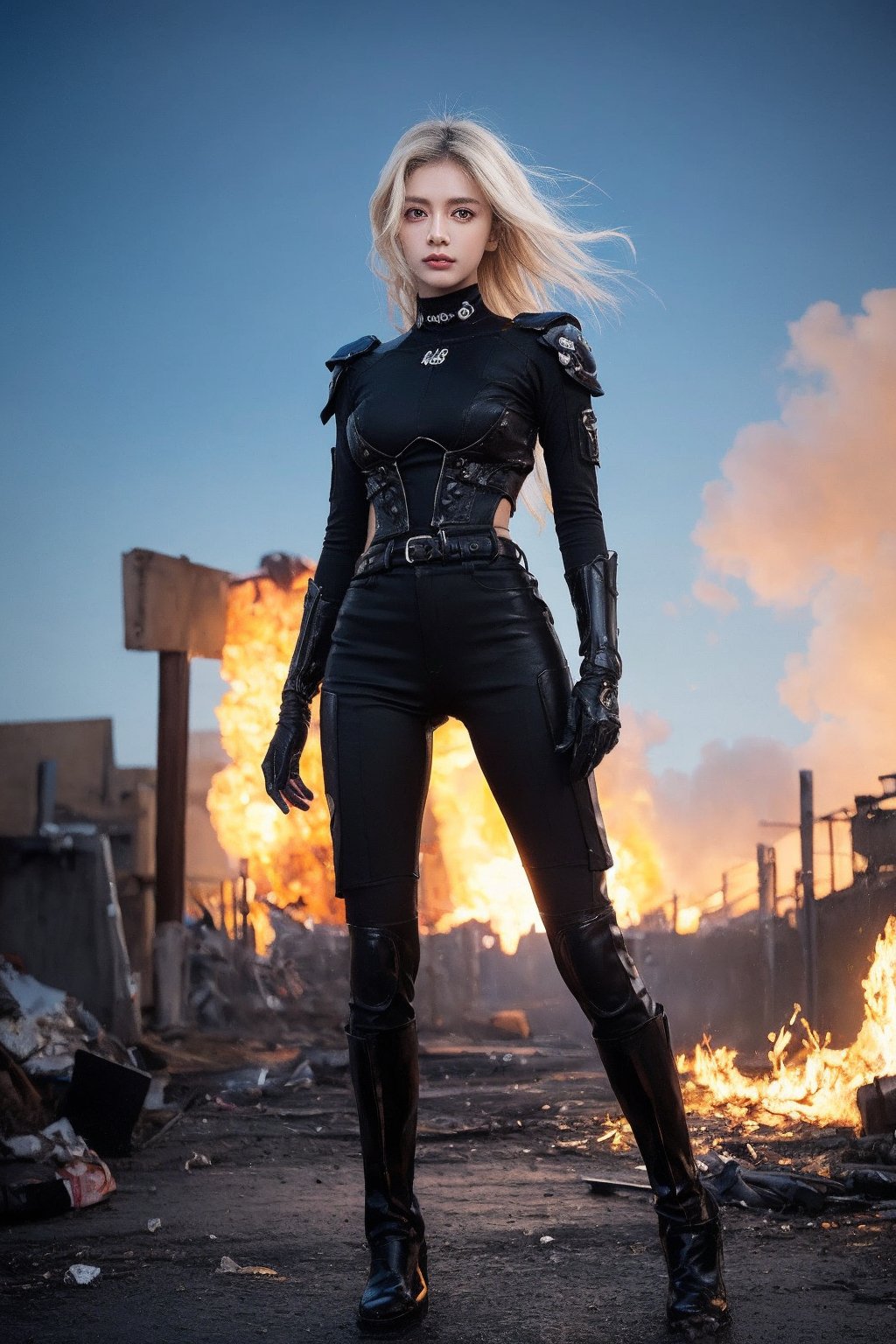 Captured in mid-stride, a lone figure emerges from the smoldering ruins: a slender young female cyborg with piercing blue eyes and striking white hair, clad in a futuristic black and red battle suit. The desolate alien battlefield stretches behind her, littered with twisted metal and shattered debris. Her gaze is fixed ahead, eyes blazing with determination as she surveys the devastation.,ghostrider