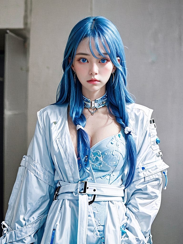 Generate hyper realistic image of a woman with long, flowing blue hair cascading over her shoulders, her piercing blue eyes locked onto the viewer with intensity. She stands confidently, wearing a stylish white jacket with long sleeves, complemented by a braided belt and matching pants. Adorned with subtle makeup and nail polish, she exudes an air of sophistication, with hoop earrings framing her face.