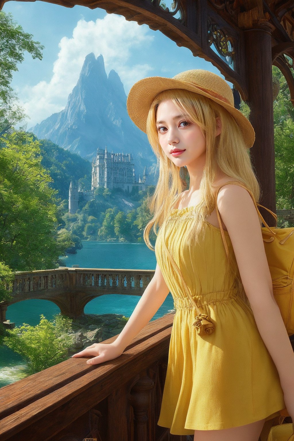 masterpiece,illustration,ray tracing,finely detailed,best detailed,Clear picture,intricate details,highlight,
anime,
gothic architecture,
looking at viewer,

nature,gothic architecture,bird,the lakeside in the heart of the forest,the staircase of the balcony,

NikkeRei,
1girl,loli,baby,long hair,hat,light blonde hair,
yellow bow,yellow bag,skirt,upper body,
NikkePenguin,Penguin,