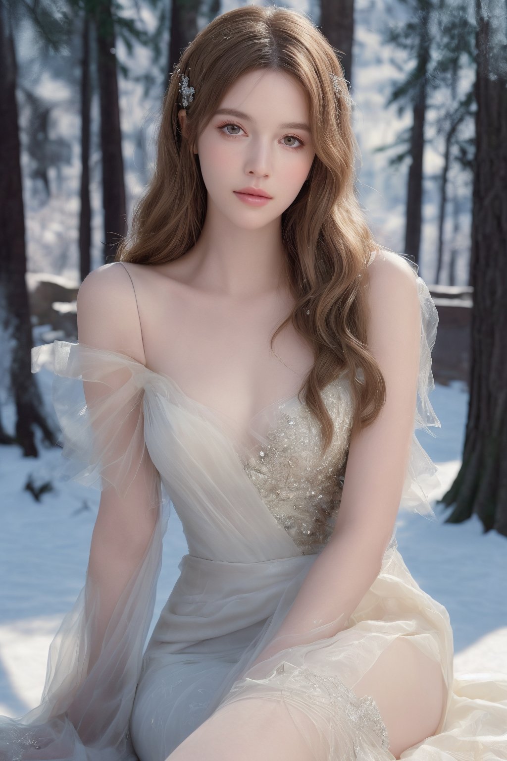 best quality, masterpiece, In the serene beauty of a snowy Russian forest, a girl with very long wavy blonde hair captures the essence of Rococo style with a contemporary twist. Adorned with lavish jewelry that mirrors the crystalline snowflakes around her, she wears the latest fashion trends that pay homage to Russia's rich heritage. The picturesque setting, a testament to Russia's natural splendor, serves as the perfect canvas for her striking appearance, blending timeless elegance with modern flair to create a breathtaking vision of beauty and grace. ultra realistic illustration,siena natural ratio, by Ai Pic 3D, cinematic lighting, ambient lighting, sidelighting, cinematic shot, head to thigh portrait, digital art, ultra hd, realistic, vivid colors, extremely detailed, photography, ultra hd, realistic, vivid colors, highly detailed, UHD, perfect composition, beautiful detailed intricate insanely detailed octane render trending on artstation, 8k artistic photography, photorealistic concept art, soft natural volumetric cinematic perfect light.(Emma Watson:0.8),