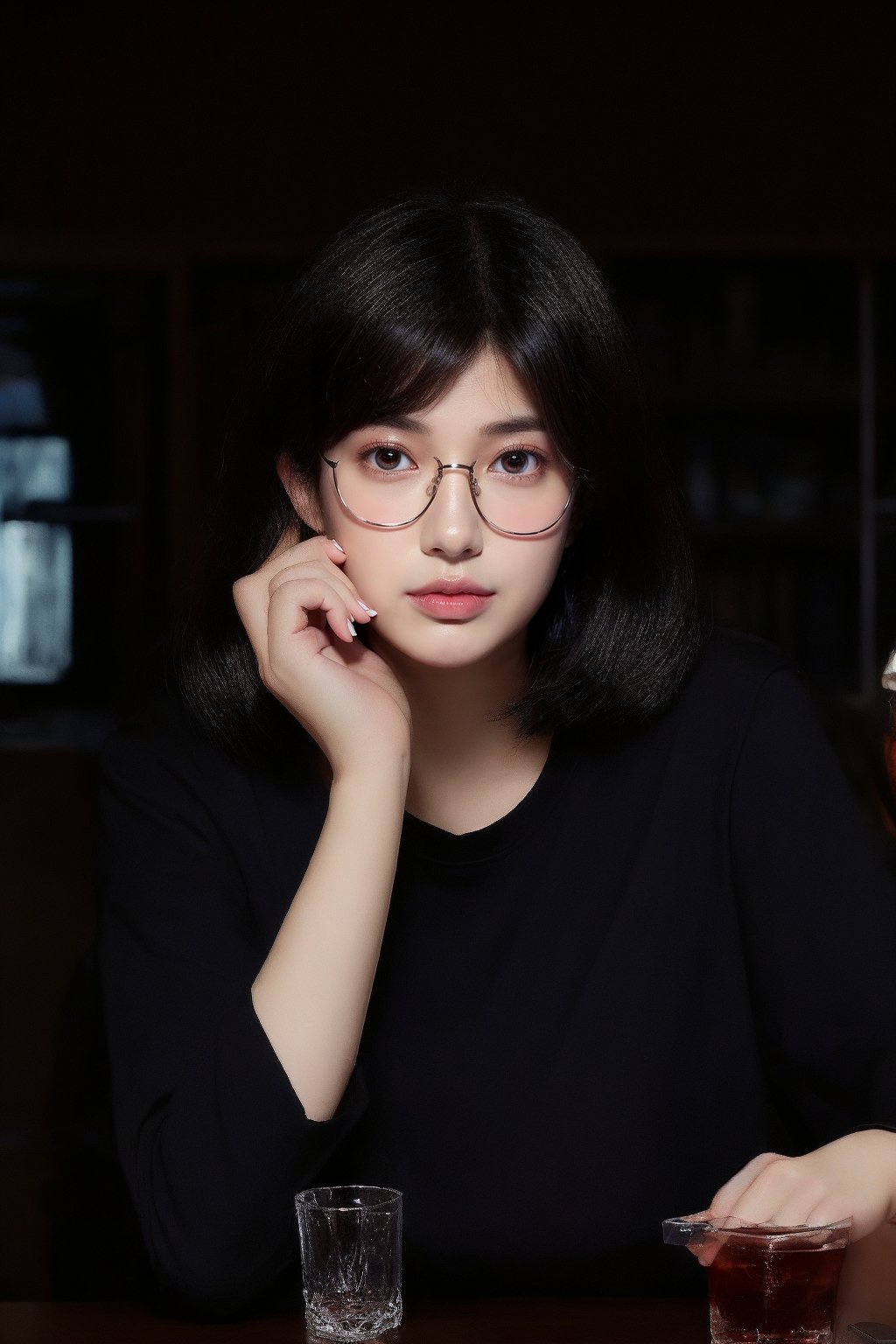 1girl, solo, looking at viewer, short hair, shirt, black hair, holding, sitting, short sleeves, glasses, indoors, black eyes, cup, lips, gun, black shirt, table, drinking glass, realistic