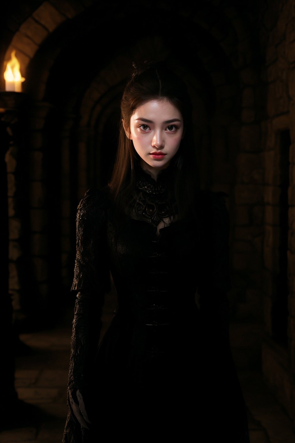 In the dimly lit castle corridor, a figure stands motionless, her presence both captivating and unsettling. The flickering torches on the stone walls cast erratic shadows across her face, highlighting her sharp, West Slavic features. Her skin is pale, almost ethereal, contrasting with the deep darkness of the hallway. Her eyes, though strikingly beautiful, hold a wild and dangerous glint, reflecting the primal instincts lurking beneath her flawless exterior. Her lips, slightly parted, reveal a pair of sharp, gleaming fangs, hinting at the lethal power she possesses. The combination of her exquisite beauty and the feral intensity of her expression creates an atmosphere of unease and otherworldly terror, as if she is both a seductress and a predator, eternally poised between allure and menace. Masterpiece. FANGS