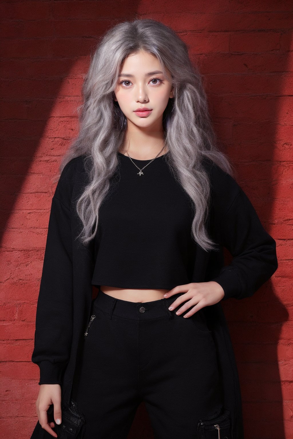 French girl,grey blonde hair(very long hair, curly_hair),hiphop dancer,wearing all black clothes (short sleeves loose fit top and cargo pants),sneakers, sitting at red brick wall(graffiti ),accessories(necklace,ear_rings),Best Quality, 32k, photorealistic, ultra-detailed, finely detailed, high resolution, perfect dynamic composition, beautiful detailed eyes, sharp-focus, cowboy_shot, 