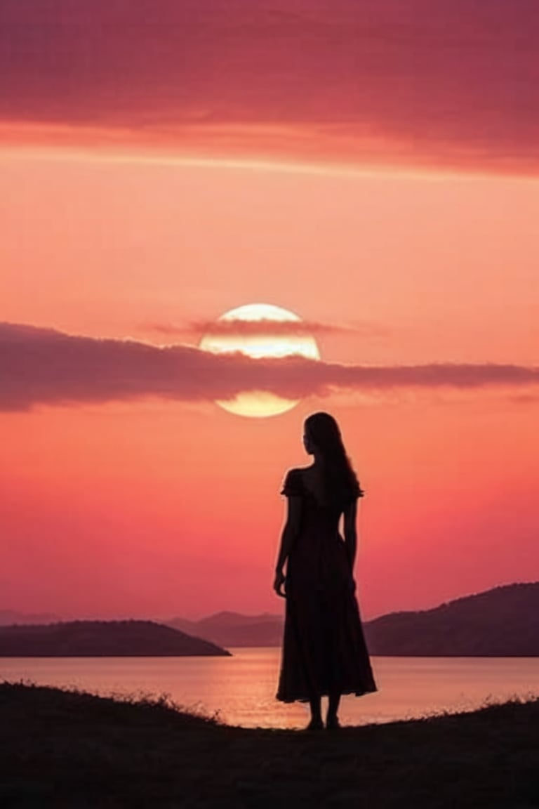 A solitary figure stands in silhouette against the vibrant, orange-pink hues of the setting sun, its gentle rays casting long shadows across the landscape. The subject's features are shrouded in mystery as she gazes out at the horizon, her slender form blending seamlessly with the fading light.