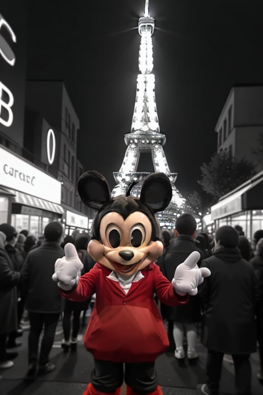 A vibrant and colorful scene unfolds: Mickey Mouse, iconic mascot in black and white theme, stands proudly amidst a lively parade in the midst of a bustling city street. The Eiffel Tower's iron latticework rises majestically in the background, its tips disappearing into the sky. Minnie's bright red bow and gleaming white gloves pop against the urban scenery as she waves to the cheering crowd.