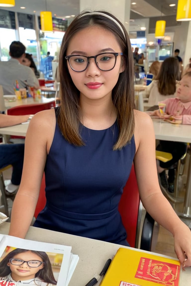 Full body shot, head to toe, front view of young slender Asian model girl wearing eyeglasses and detailed long sleek casual office dress, lip gloss, hair band, long brown straight hair, calmly sitting at the dining table in McDonald's restaurant decorated with birthday theme beside a school bag, fair skin, photorealistic, magazine cover, realism, photographic quality, Extremely Realistic