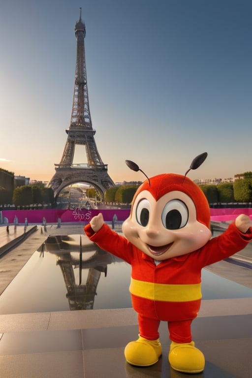 Masterpiece, realistic, high resolution, red mascot (bee) in 2024 Paris Olympic Games stadium with Eiffel Tower in background 