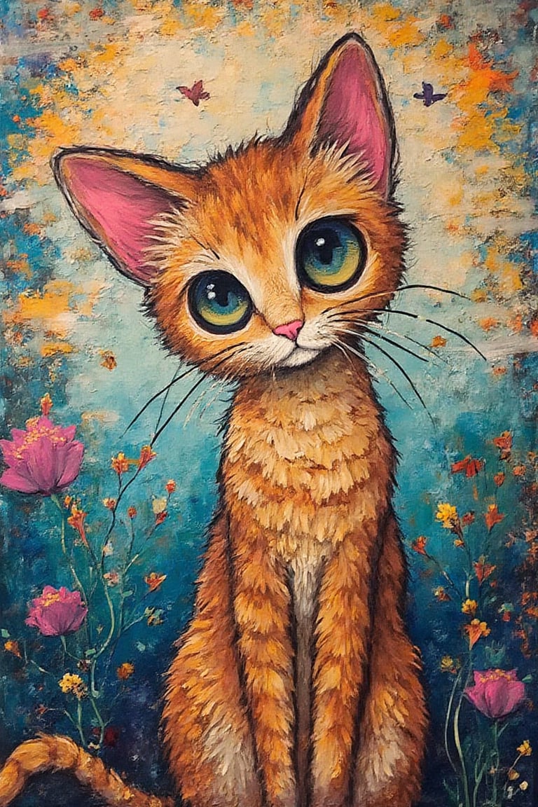 cartoon style. Oil Painting full size of a cat, comic style, coulorfull background, real cat,1girl