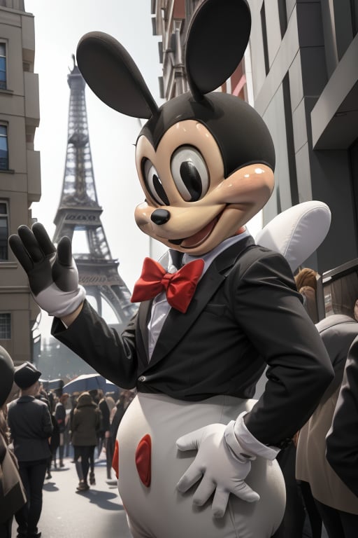 A vibrant and colorful scene unfolds: Mickey Mouse, iconic mascot in black and white theme, stands proudly amidst a lively parade in the midst of a bustling city street. The Eiffel Tower's iron latticework rises majestically in the background, its tips disappearing into the sky. Minnie's bright red bow and gleaming white gloves pop against the urban scenery as she waves to the cheering crowd.