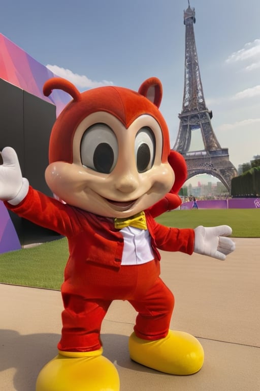 Masterpiece, realistic, high resolution, red bee mascot (r3al Jollibee) in 2024 Paris Olympic Games stadium with Eiffel Tower in background 