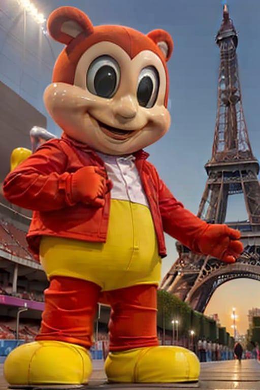 Masterpiece, realistic, high resolution, red bee mascot (r3al Jollibee) in 2024 Paris Olympic Games stadium with Eiffel Tower in background 