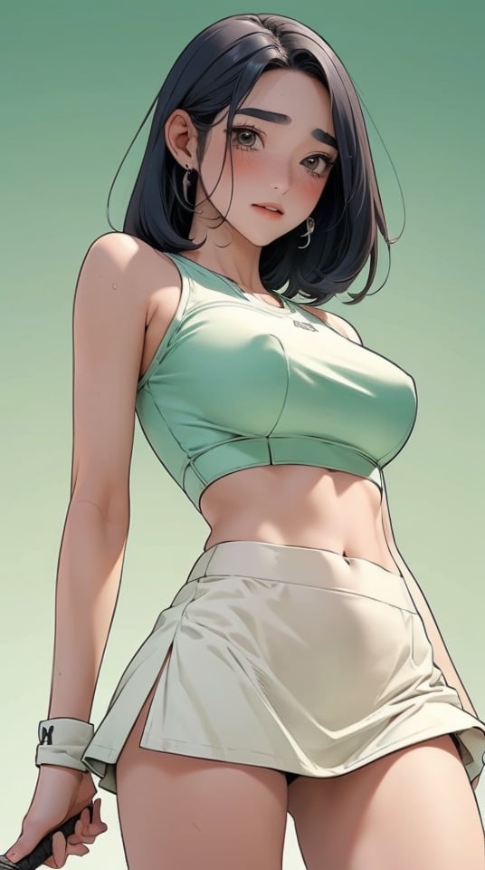 1girl, standing, thigh up body, ((looking at viewer, tennis girl outfit, midriff,)) center opening, 2D artstyle, outline, earings, blush, green background, hairstyle, ultra detailed, best quality, sharp focus, ,DiaSondef