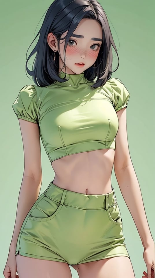 1girl, standing, thigh up body, ((looking at viewer, midriff,)) center opening, 2D artstyle, outline, earings, blush, green background, hairstyle, ultra detailed, best quality, sharp focus, ,DiaSondef