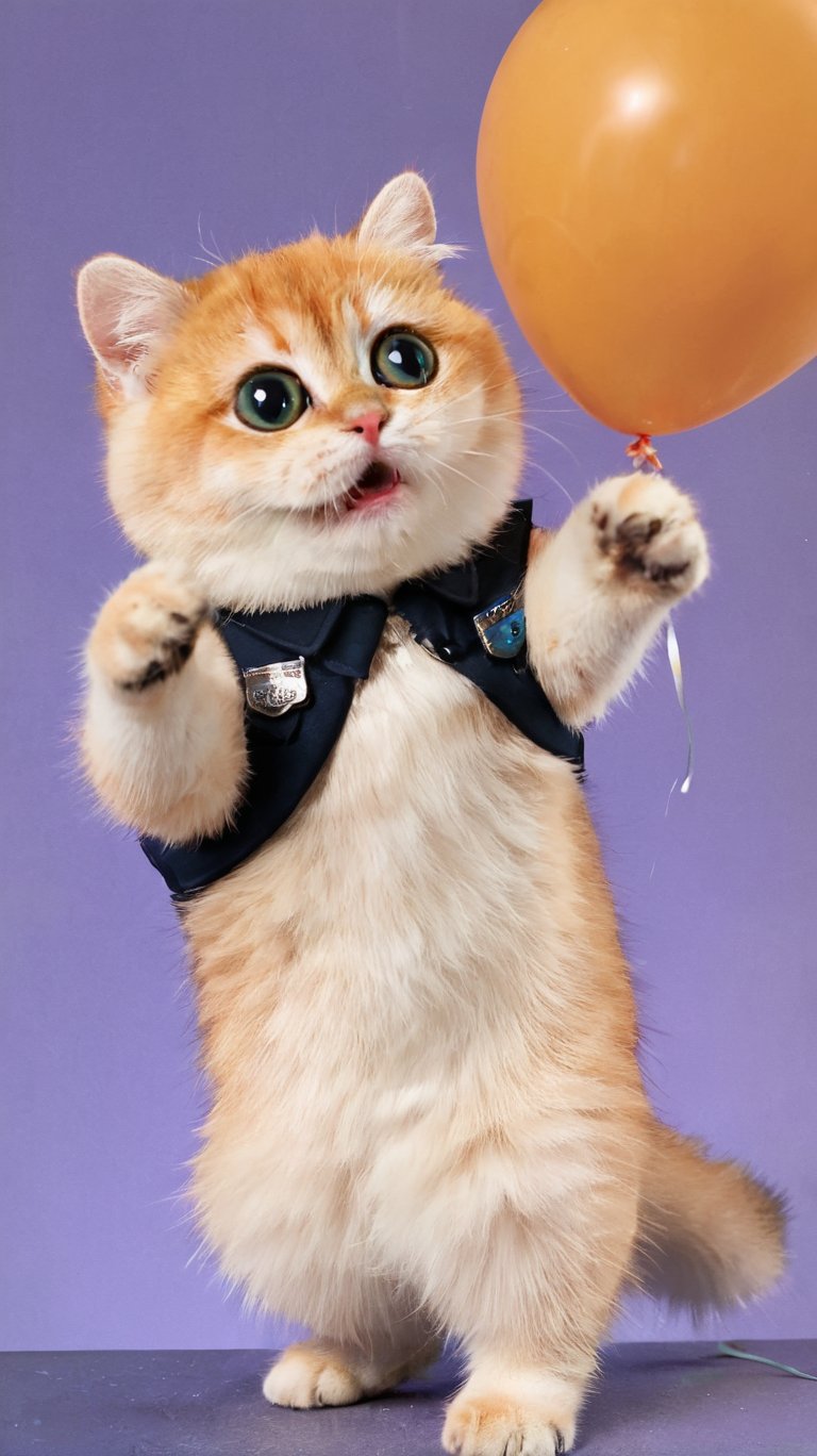 An orange cat standing on two legs. It has a pair of big eyes and a big mouth. Its hand is holding a balloon that is about to float away. It is wearing a handsome police uniform. The gun bag contains a toy mouse. The background is amusement park equipment.