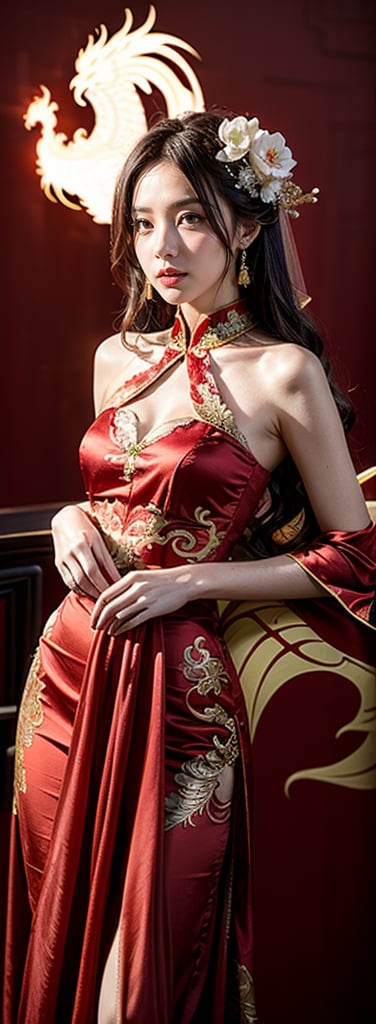 A girl, wavy hair, 1:3 body proportion portrait, (RAW photo, best quality), clear and bright, el_v1, pp_v3, bridal hairstyle,  Red Silk Chinese Style Dragon and Phoenix Bridal Gown