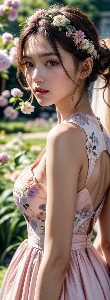 Generate hyper realistic image of an asian woman in a couture garden party dress in pastel hues, the intricate floral patterns matching the vibrant blooms around her. Place her in an enchanting botanical garden, exuding sophistication.((upper body)),1 girl,kimyojung,close-up