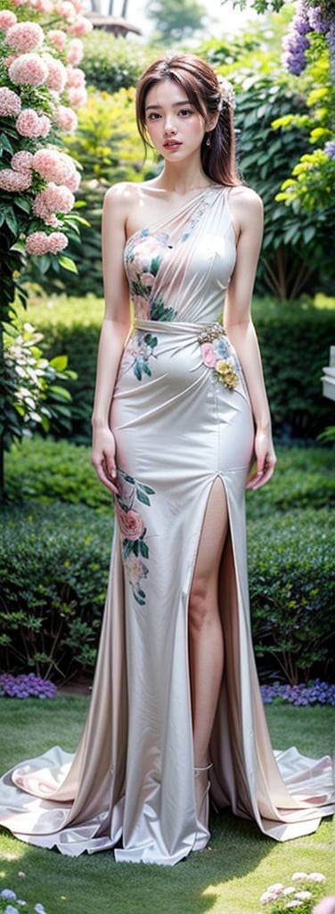 Generate hyper realistic image of an asian woman in a couture garden party dress in pastel hues, the intricate floral patterns matching the vibrant blooms around her. Place her in an enchanting botanical garden, exuding sophistication.((upper body)),1 girl,kimyojung,Thigh-level perspective ,grin 