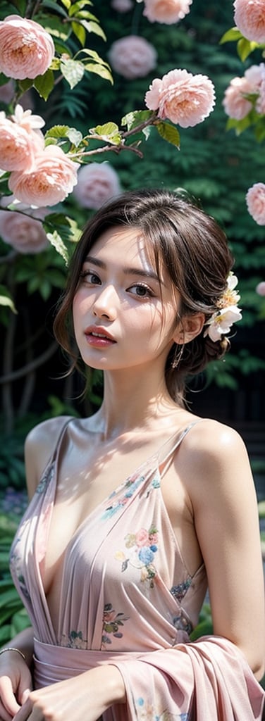 Generate hyper realistic image of an asian woman in a couture garden party dress in pastel hues, the intricate floral patterns matching the vibrant blooms around her. Place her in an enchanting botanical garden, exuding sophistication.((upper body)),1 girl,kimyojung,low angle shot 