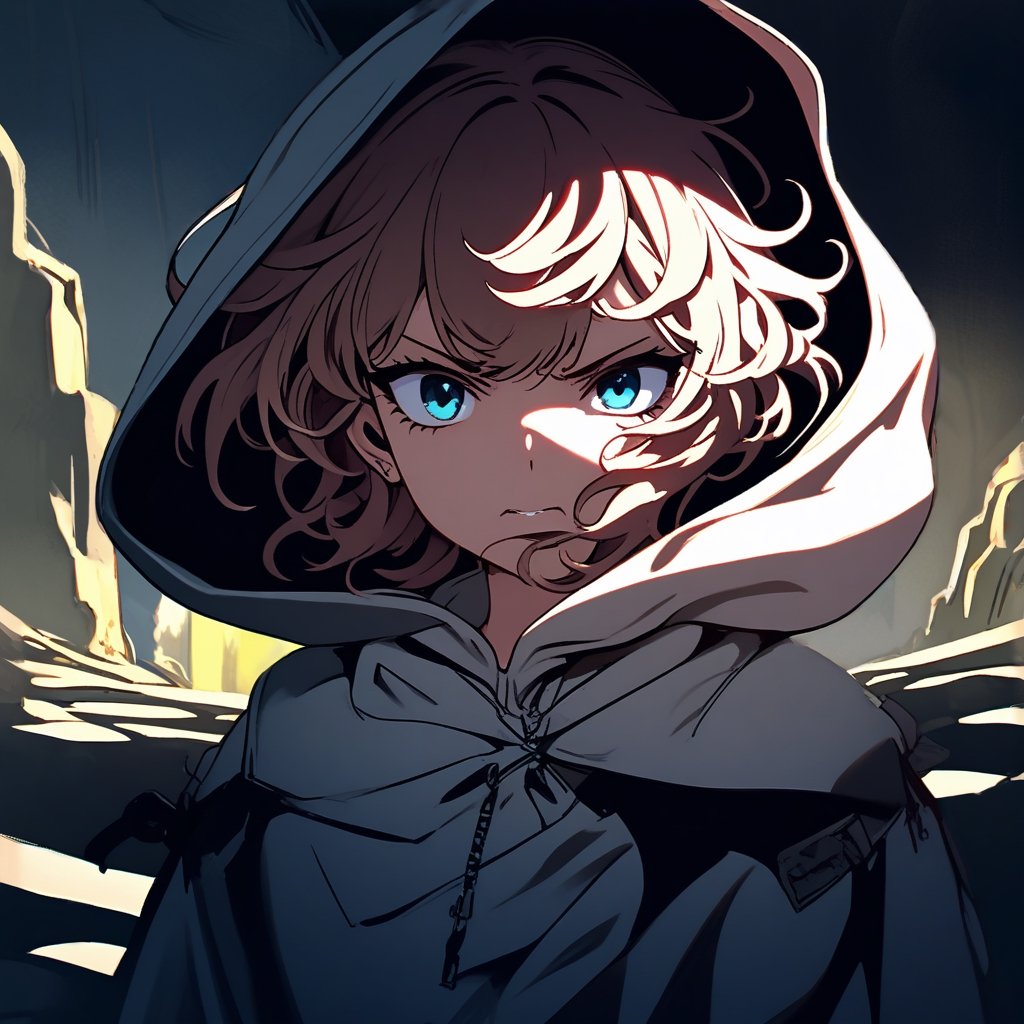 A serene young protagonist stands outdoors, bathed in warm natural light that casts a subtle shadow on the ground. Platinum blonde and pink hair, styled in a choppy cut with wisps framing their face, is partially covered by a Spider-Gwen-inspired hood. Blue eyes, accentuated by sharp eyeliner, gaze calmly into the distance, exuding mystery. The hood's spider web design adds whimsy to their enigmatic expression.