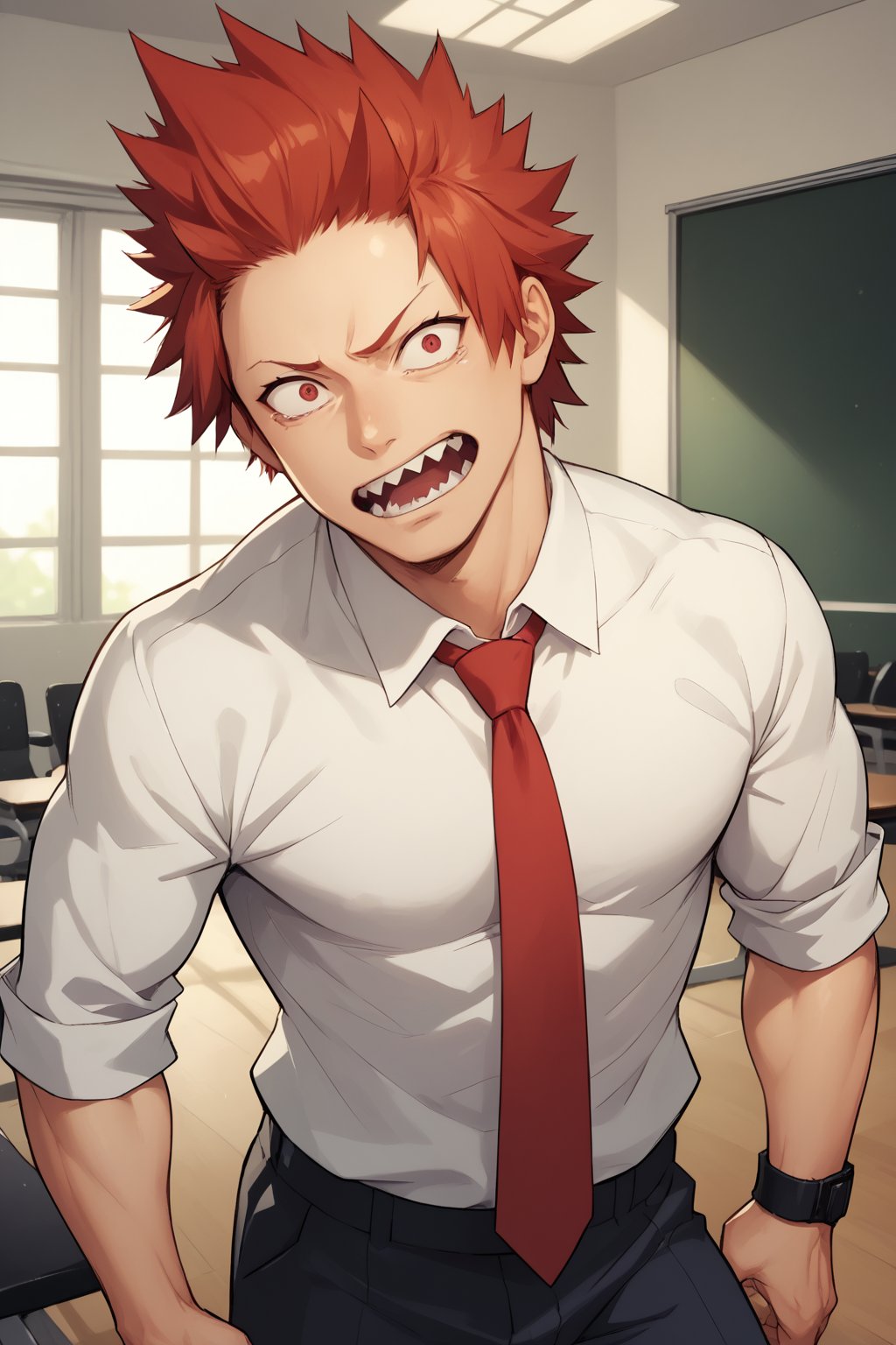 score_9, score_8_up, score_7_up, score_6_up , standing, Eijiro Kirishima,red hair,spiked hair,red eyes,sharp teeth, school_uniform, grey_jacket long_sleeves, white_shirt red_necktie, scared face, man, daytime, large pectorals, indoors, gym background,on office rooms, looking at viewer,