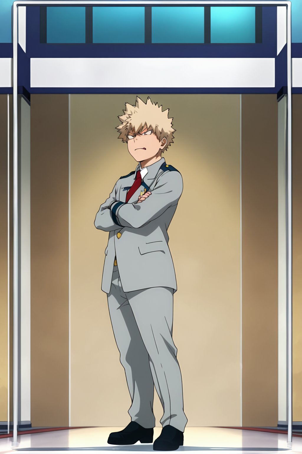 Source_Anime, Anime Art, zPDXL2, zPDXLxxx, ASCII1boy, intricately detailed, detailed background, detailed shading, detailed lighting, 8k wallpaper, detailed face, detailed body,((full shot, full body, full body shot)), full body, 1boy, (Bakugo_uniform, red eyes, school_uniform, grey_jacket long_sleeves, white_shirt red_necktie), full body, (arms crossed), angry face, angry face, looking down, (head turned to the side), (mouth open), full body, anime style bright skin, male focus, perfect hands, perfect eyes, attractive, seductive, BREAK. inside, gym room,