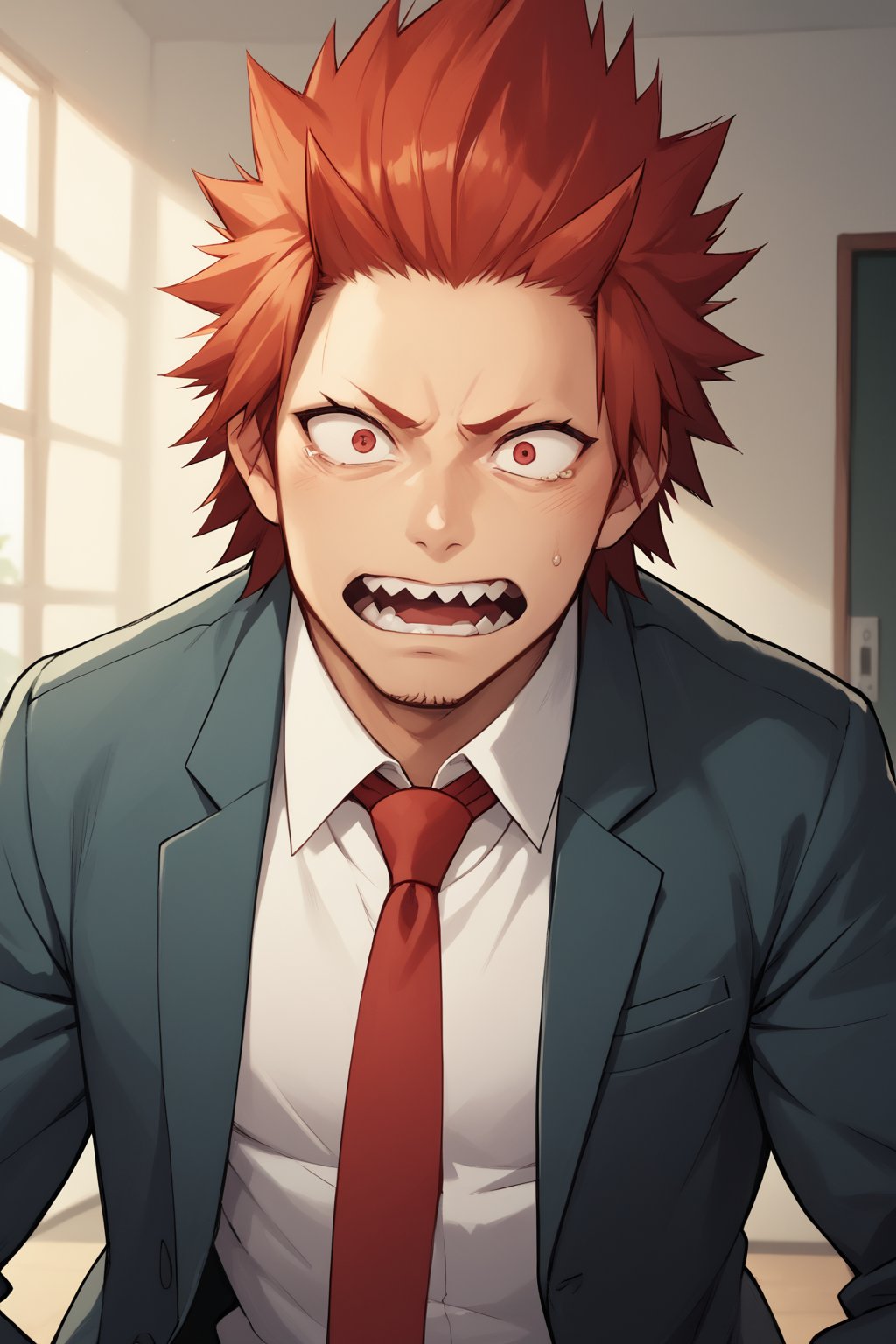 score_9, score_8_up, score_7_up, score_6_up , Source_Anime, Anime Art, standing, Eijiro Kirishima,red hair,spiked hair,red eyes,sharp teeth, school_uniform, grey_jacket long_sleeves, white_shirt red_necktie, scared face, man, large pectorals, indoors, gym background,on office rooms, looking at viewer,