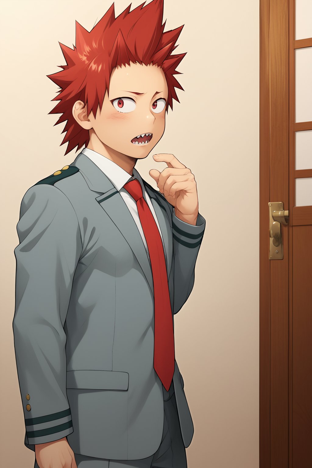 Source_Anime, Anime Art, zPDXL2, zPDXLxxx, ASCII1boy, intricately detailed, detailed background, detailed shading, detailed lighting, 8k wallpaper, detailed face, detailed body,((full shot, full body, full body shot, shot, side shot)), full body, 1boy, (Eijiro Kirishima , red hair, spiked hair, red eyes , sharp teeth, school_uniform, grey_jacket long_sleeves, white_shirt red_necktie), full body, shy face, shy face, mouth open, (1hand up), full body, anime style bright skin, male focus, perfect hands, perfect eyes, attractive, seductive, BREAK. inside, gym room,