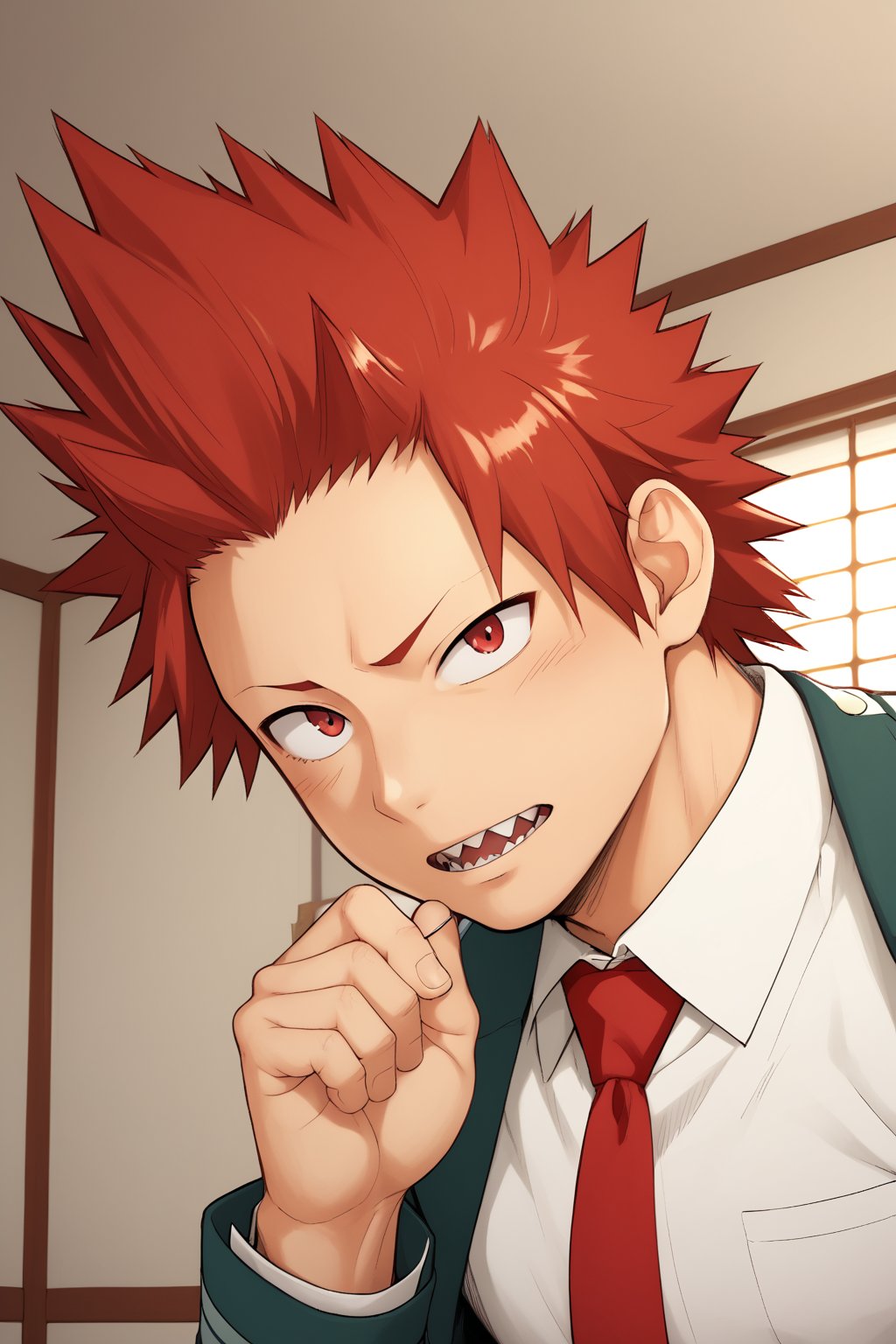 Source_Anime, Anime Art, zPDXL2, zPDXLxxx, ASCII1boy, intricately detailed, detailed background, detailed shading, detailed lighting, 8k wallpaper, detailed face, detailed body,((full shot, full body, full body shot, shot, side shot)), full body, 1boy, (Eijiro Kirishima , red hair, spiked hair, red eyes , sharp teeth, school_uniform, grey_jacket long_sleeves, white_shirt red_necktie, pants), full body, shy face, shy face, mouth open, (1hand up), full body, full body, anime style bright skin, male focus, perfect hands, perfect eyes, attractive, seductive, BREAK. inside, gym room,