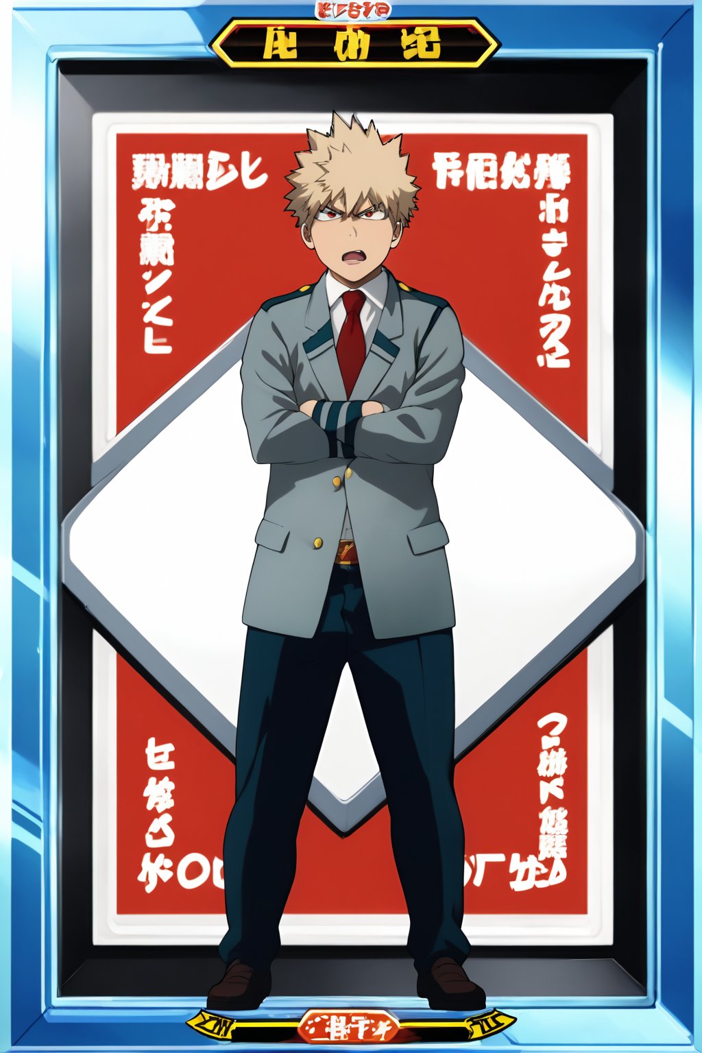 Source_Anime, Anime Art, zPDXL2, zPDXLxxx, ASCII1boy, intricately detailed, detailed background, detailed shading, detailed lighting, 8k wallpaper, detailed face, detailed body,((full shot, full body, full body shot)), full body, 1boy, (Bakugo_uniform, red eyes, school_uniform, grey_jacket long_sleeves, white_shirt red_necktie), full body, (arms crossed), angry face, angry face, looking down, (head turned to the side), (mouth open), full body, anime style bright skin, male focus, perfect hands, perfect eyes, attractive, seductive, BREAK. inside, gym room,