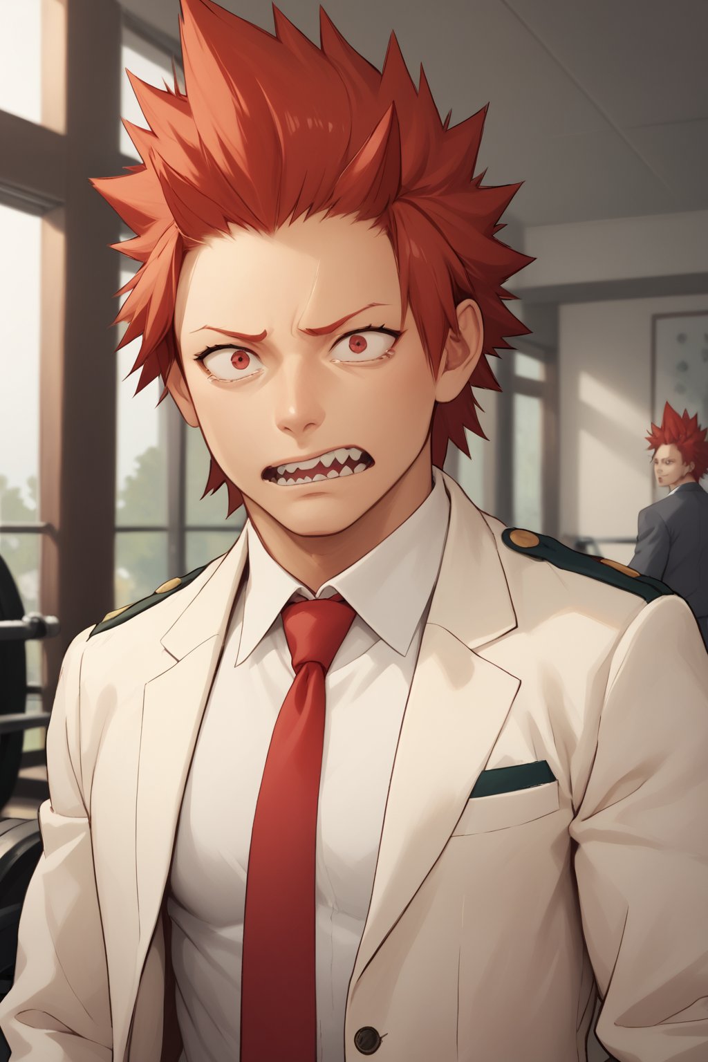 score_9, score_8_up, score_7_up, score_6_up , standing, Eijiro Kirishima,red hair,spiked hair,red eyes,sharp teeth, school_uniform, grey_jacket long_sleeves, white_shirt red_necktie,  white blazer with pads, scared face, sad eyes, man, large pectorals, indoors, gym background, looking at viewer,