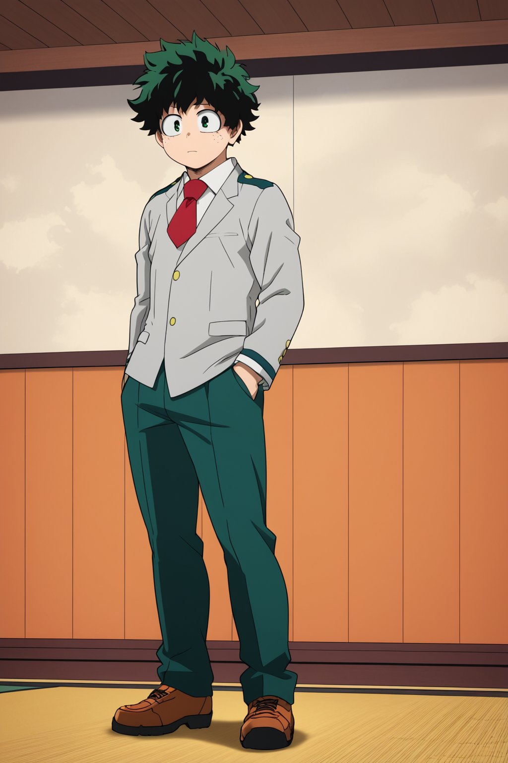 Source_Anime, Anime Art, zPDXL2, zPDXLxxx, ASCII1boy, intricately detailed, detailed background, detailed shading, detailed lighting, 8k wallpaper, detailed face, detailed body,((full shot, full body, full body shot, side shot, side shot)), full body, 1boy, ( izuku_midoriya, green hair, green eyes, short hair, school_uniform, grey_jacket long_sleeves, white_shirt red_necktie, writhing orange book), full body, shy face, full body,  anime style bright skin, male focus, perfect hands, perfect eyes, attractive, seductive, BREAK. inside, gym room