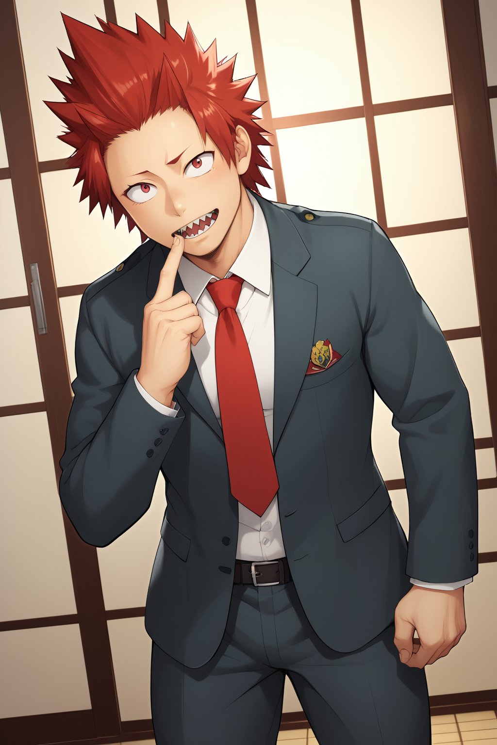 Source_Anime, Anime Art, zPDXL2, zPDXLxxx, ASCII1boy, intricately detailed, detailed background, detailed shading, detailed lighting, 8k wallpaper, detailed face, detailed body,((full shot, full body, full body shot, shot, side shot)), full body, 1boy, (Eijiro Kirishima , red hair, spiked hair, red eyes , sharp teeth, school_uniform, grey_jacket long_sleeves, white_shirt red_necktie, pants), full body, shy face, shy face, mouth open, (1hand up), full body, full body, anime style bright skin, male focus, perfect hands, perfect eyes, attractive, seductive, BREAK. inside, gym room,