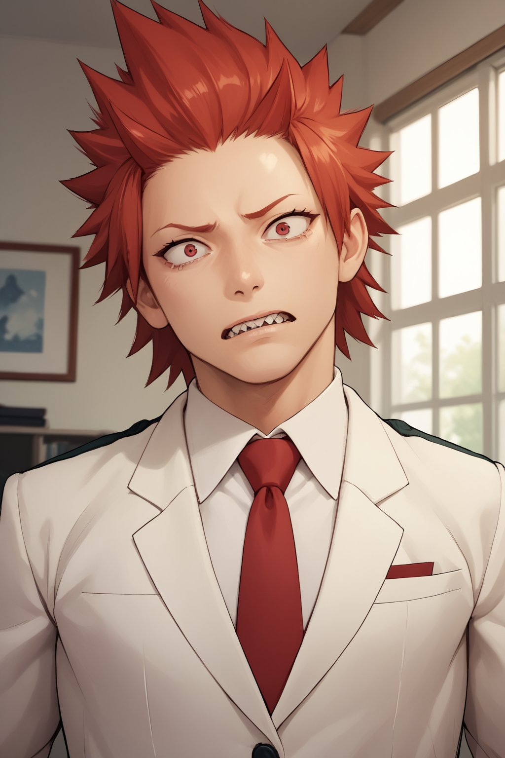 score_9, score_8_up, score_7_up, score_6_up , standing, Eijiro Kirishima,red hair,spiked hair,red eyes,sharp teeth, school_uniform, grey_jacket long_sleeves, white_shirt red_necktie,  white blazer with pads, scared face, sad eyes, man, large pectorals, indoors, gym background, looking at viewer,