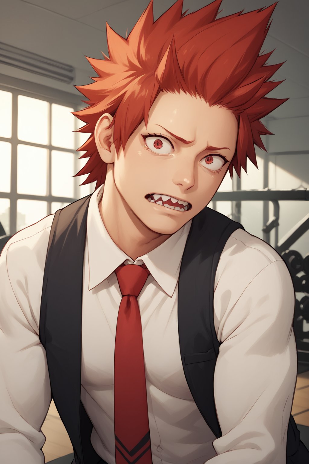 score_9, score_8_up, score_7_up, score_6_up , standing, Eijiro Kirishima,red hair,spiked hair,red eyes,sharp teeth, school_uniform, grey_jacket long_sleeves, white_shirt red_necktie, scared face, sad eyes, man, large pectorals, indoors, gym background, looking at viewer,