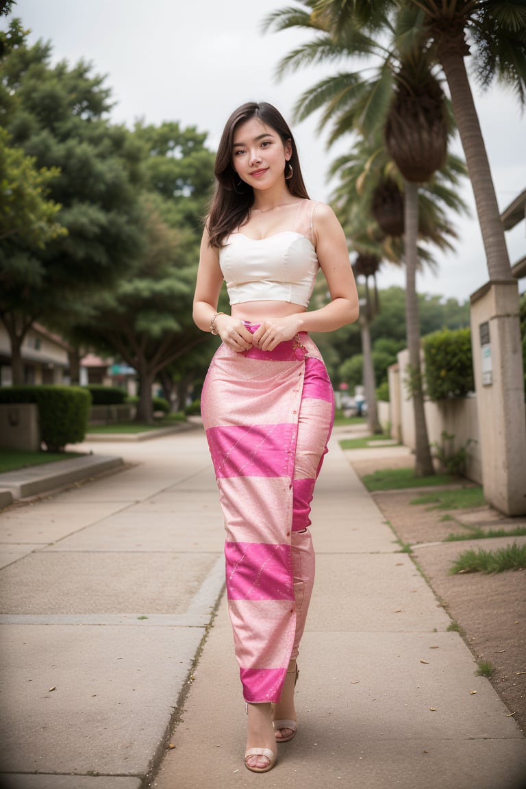 1gilr, solo, 20 yearl old girl, pretty face, professionally taken whole body portrait, cinematic lighting, pretty girl wearing mm_dress, white top, pink bottom, tall girl, detail cloth, black hair ,photorealistic,mm_dress,Nice legs and hot body, long bottom dress, super slim girl, view form back