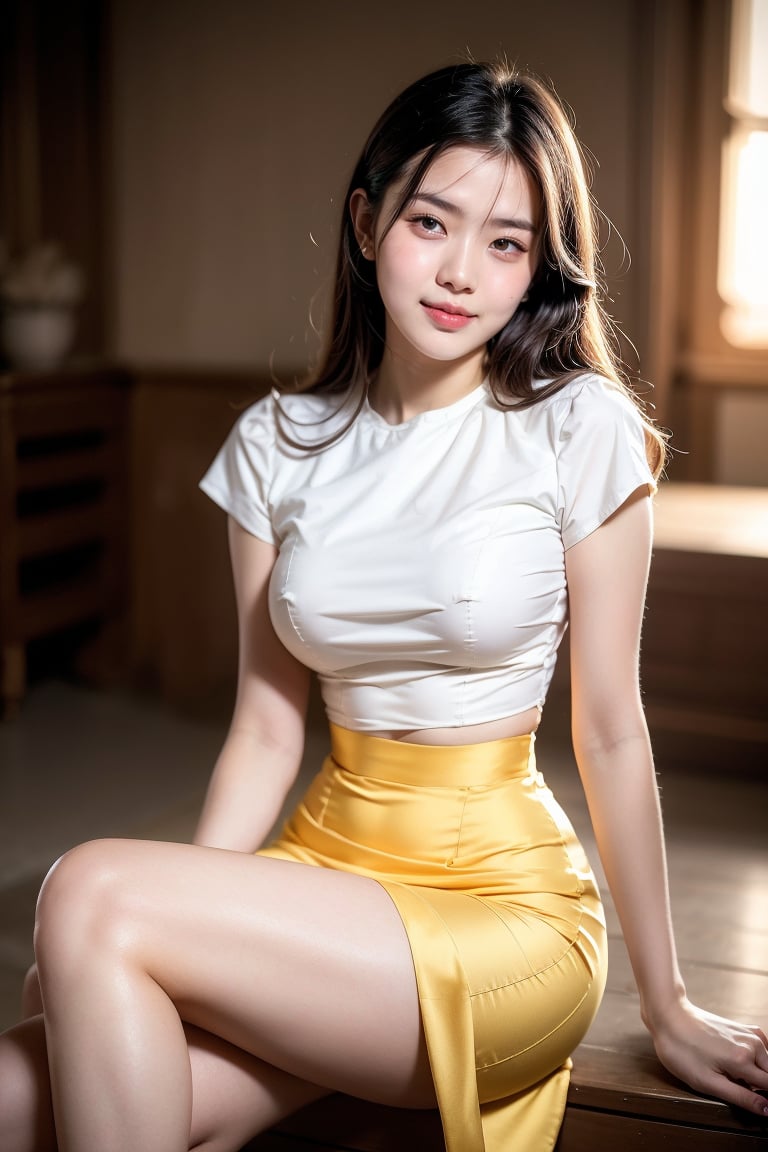 1gilr, solo, 20 yearl old girl, pretty face, professionally taken whole body portrait, cinematic lighting, pretty girl wearing mm_dress, white top, yellow bottom, tall girl, detail cloth, black hair, pattern long skirt, ,photorealistic,mm_dress,Nice legs and hot body