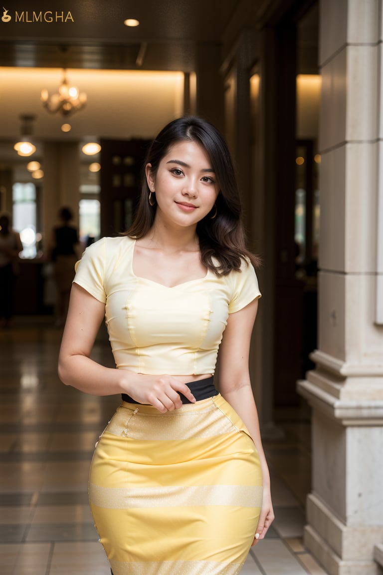 1gilr, solo, 20 yearl old girl, pretty face, professionally taken whole body portrait, cinematic lighting, pretty girl wearing mm_dress, white top, yellow bottom, tall girl, detail cloth, black hair ,photorealistic,mm_dress,Nice legs and hot body, long bottom dress, super slim girl,