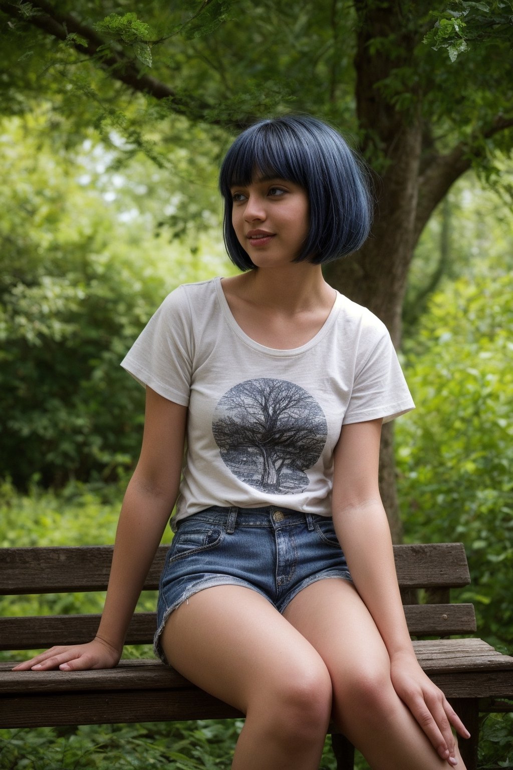 Create a photorealistic portrait of a captivating 25-year-old girl. She has a chic bob haircut dyed in a mesmerizing shade of blue. . She is dressed in a casual yet stylish ensemble, consisting of a fitted graphic tee adorned with colorful patterns and distressed denim jeans, reflecting her playful and eclectic sense of fashion. She is captured sitting on a weathered wooden bench in a serene park setting, surrounded by towering trees, lush greenery, and winding pathways. The scene is illuminated by soft, dappled sunlight filtering through the leaves, casting a warm and inviting glow on her radiant complexion. Despite the simplicity of her surroundings, the focus remains on the girl, who exudes confidence and charm. Her expression is one of carefree joy, reflecting her love for nature and the simple pleasures of life. The image should capture the girl's youthful energy and free-spirited nature, creating a visually vibrant portrait that evokes a sense of happiness and wonder.