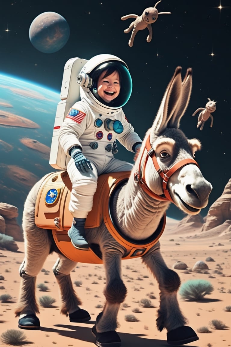 an astronaut riding on a happy smiling donkey and aliens watching carefully 