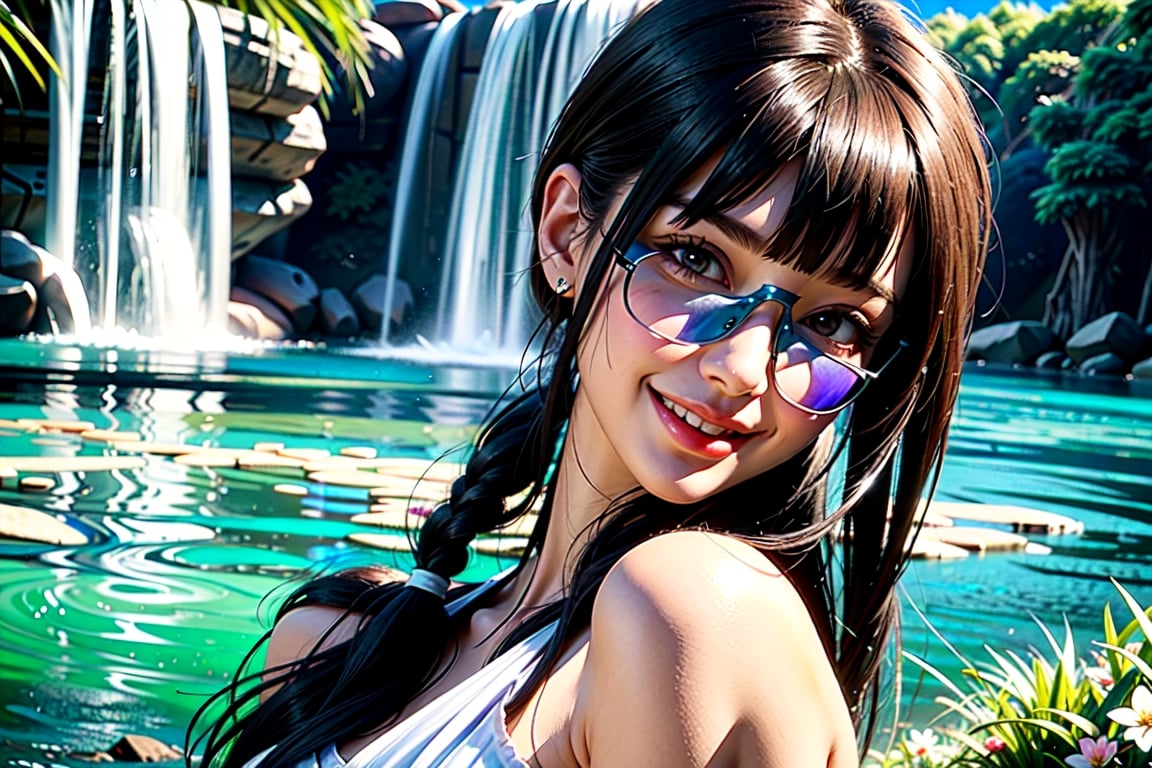 extra realistic,white caucasian light smiling,attractive,smiling lady with round forms and big black eyes,without any tapes or wrinkles on the face,looking straight into camera,by the beautiful waterfall,green grass and flowers 