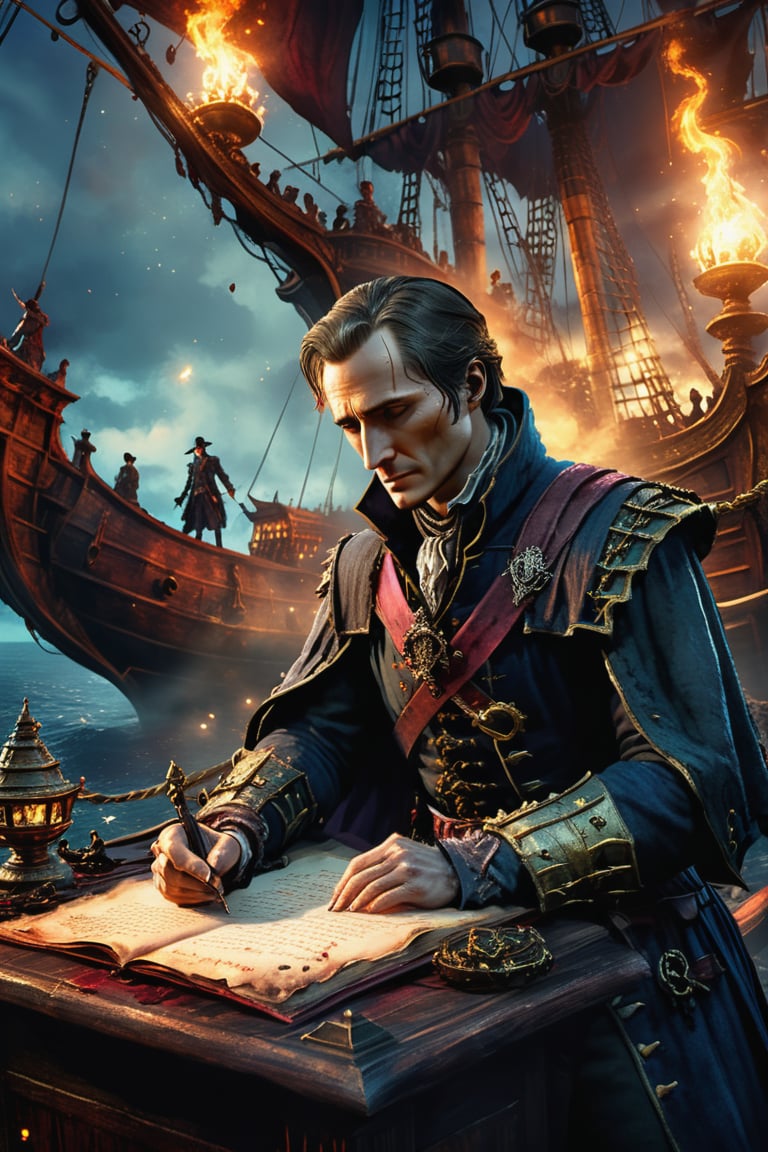 Julius Caesar writing poetry on a pirate ship. Bloodborne, dark magic splash, gothic, burnt sephia gradient, magic splash, fantasy art, watercolor effect, bokeh, digital painting, soft lighting, retro aesthetic, natural lighting, cinematic, masterpiece, highly detailed, intricate, extreme texture